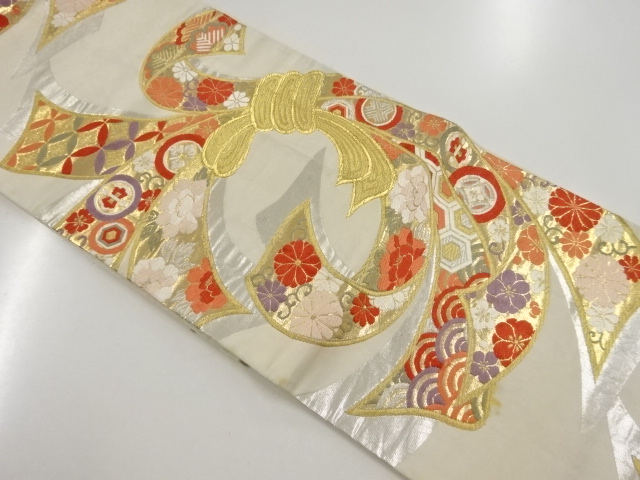 アンティーク　束ね熨斗に花・古典柄織り出し袋帯（材料）